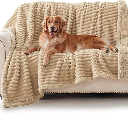 Waterproof Dog Blanket for Large Dogs, Washable Soft Puppy Cat Blanket Flannel Cotton Velour for Sofa Couch Protector, Comfort & Security Reversible Bed Protection for Pet, 50"X60", Khaki