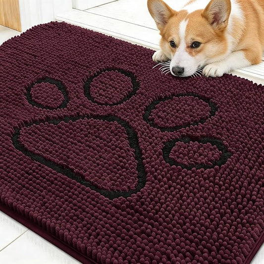 OLANLY Dog Door Mat for Muddy Paws 30x20, Paw Print Design, Absorbs Moisture and Dirt, Absorbent Non-Slip Washable Doormat, Quick Dry Chenille Mud Mat for Dogs, Entry Indoor Entryway Carpet, Russet
