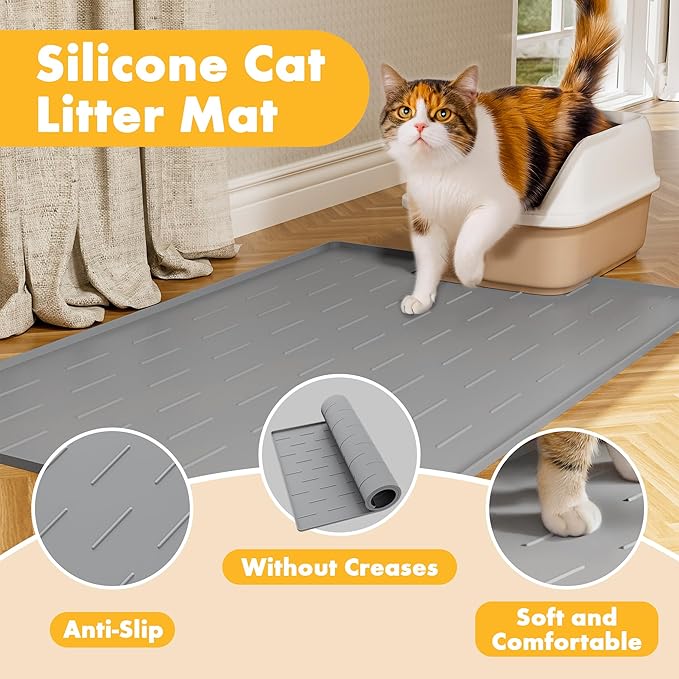 Pieviev Silicone Cat Litter Trapping Mat, 40''x28'' Extra Large Cat Litter Mat, Easy to Clean & Soft on Kitty Paws, Waterproof Kitty Litter Pads for Indoor Cats, Light Gray