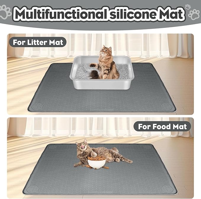Bartuke Cat Litter Mat, Extra Large 34" x 22" Silicone Mat Litter Trapping Mat for Scatter Control, Soft on Kitty Paws, Easy to Clean (Dark Grey)