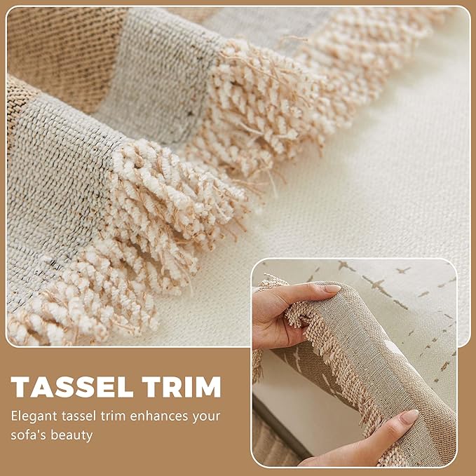 Couch Cover for 3 Cushion Sofa Pet Friendly Furniture Covers, Chenille Sofa Covers Washable L Shape, Boho Couch Blanket Cover with Tassel Decoration, 71"x 134", Light Brown