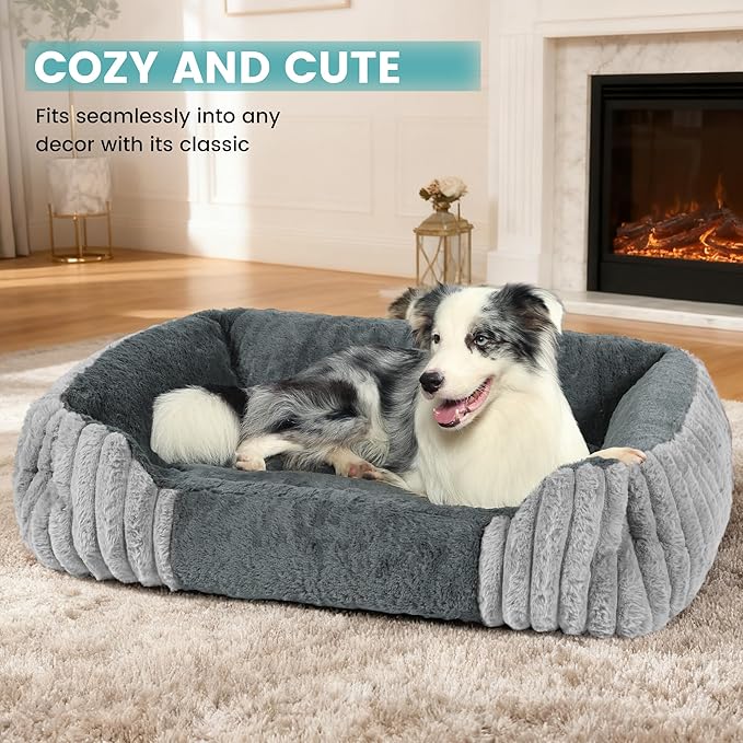Dog Beds for Medium Dogs 32x24 Inch, Comfort-Sided Orthopedic Dog Bed Couch with Breathable Shredded Memory Foam, Faux Rabbit Fur Pet Bed, Non-Detachable, Non-Slip, Machine Washable