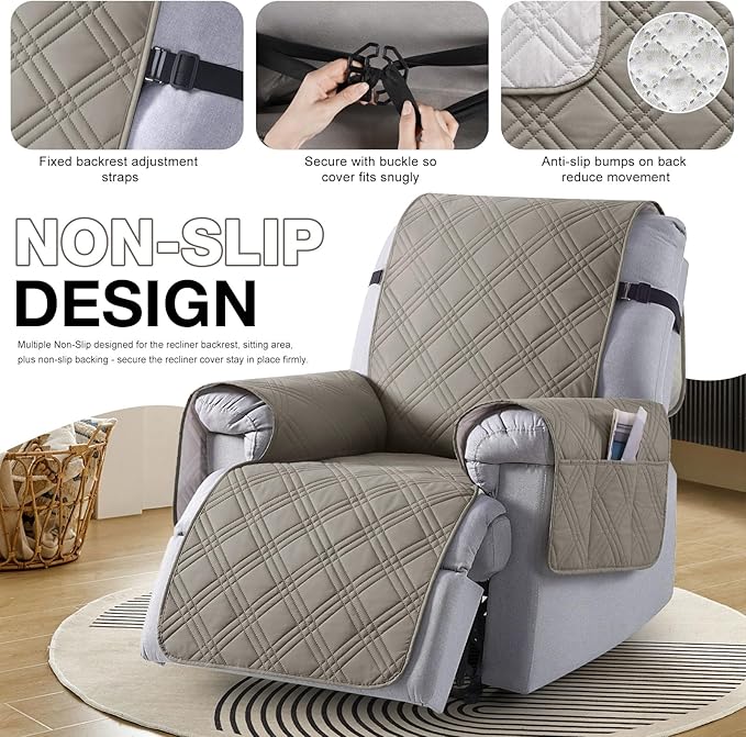 TAOCOCO Waterproof Recliner Chair Covers 30 Inch Wide, Oversized Recliner Covers for Recliner Chair with Pocket, Recliner Slipcovers with Straps Furniture Protector for Kids Pets (30'', Light Brown)