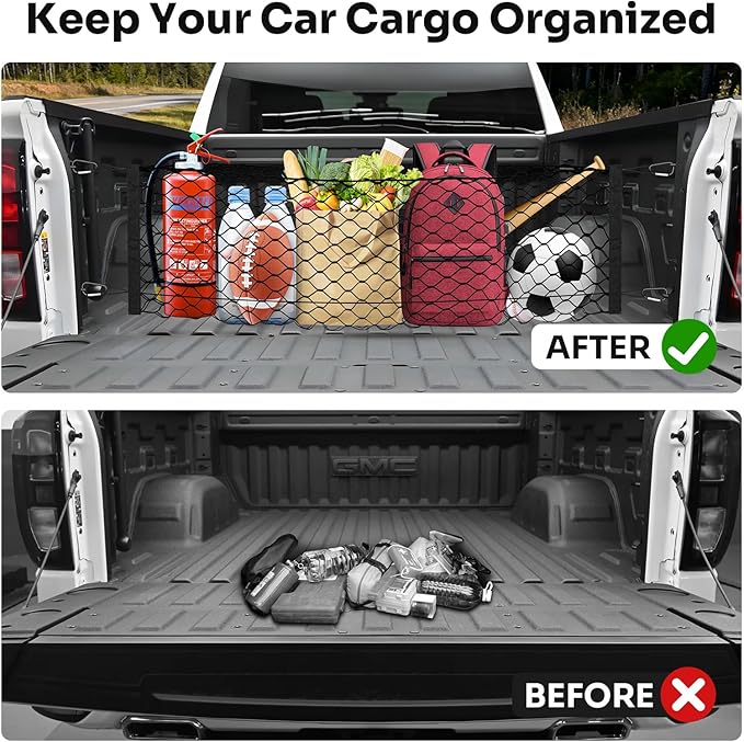 Truck Bed Cargo Net for 2019-2025 2026 GMC Sierra 1500/2020-2026 Chevy Silverado 2500 3500 Accessories Envelope Style Mesh Trunk Net Organizer and Storage Stretchable Nylon Rear Cargo Netting