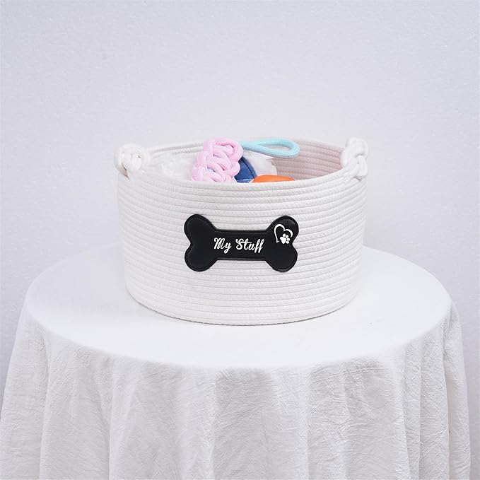 Cotton Pet Storage Basket, 12 x 12 x 7.1 inches, Dog Toy Organizer with Black Leather Bone Design, Dog Toy Storage Organizer, My Stuff Basket Puppy Pet Gift (Pet Dog Basket)