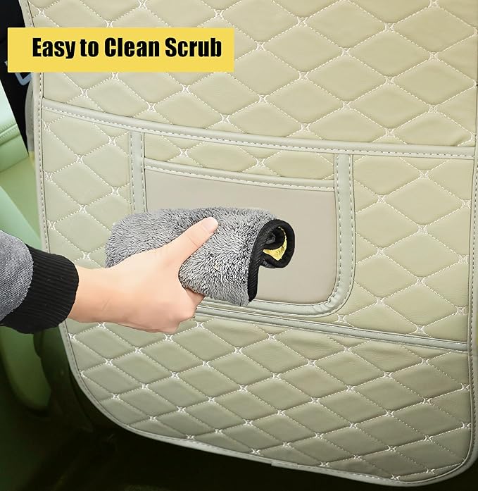 Leatherette Car Seat Protector - 2 Pack Large Car Kick Mats with Storage Pockets Organizer Seat Back Cover Against Dirty Shoes & Scratches, Universal Fit for Most Vehicles, Beige