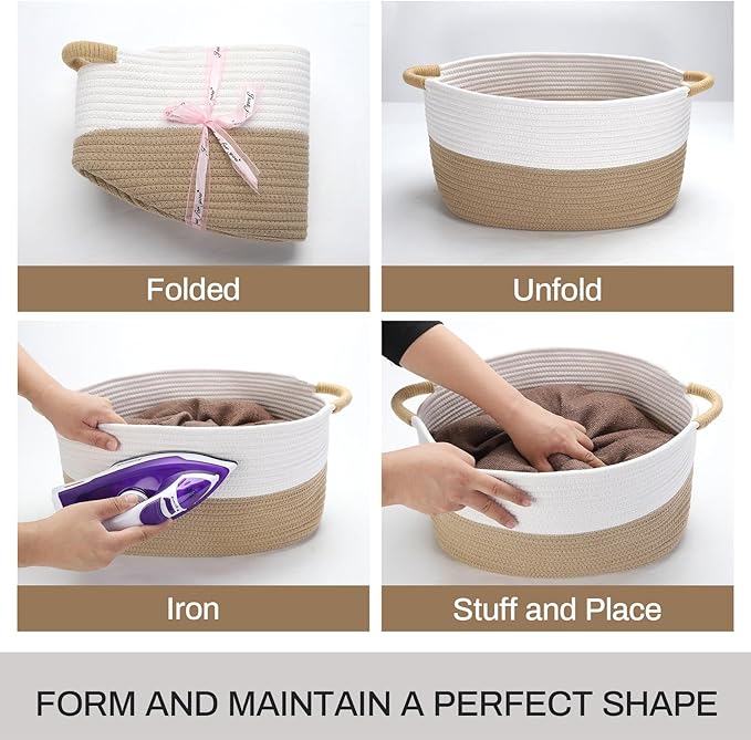 Medium Rope Basket with Handles, Medium Bohe Storage Basket, 17 "L x 12.5" W x 8.5 "H, Home Decor Organizer for Towels,toys, Books & Magazines