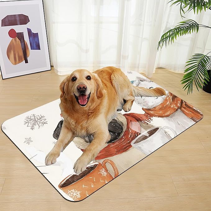 Chirstmas Dog Coffee Dog Cat Food Mat–Absorbent Waterproof Placemat for Food and Water Bowls, Non Slip Rubber Backing, Feeding Mat for Clean Floors 16"x24"