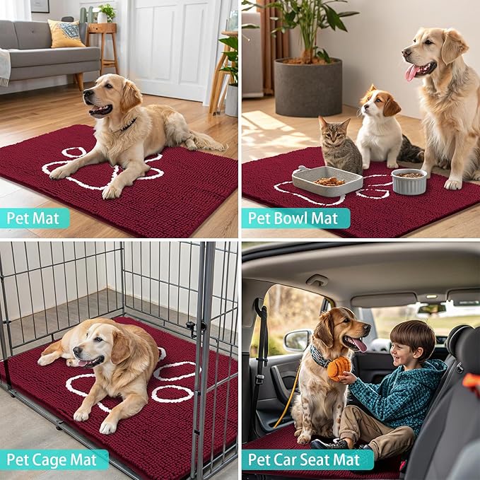 Smiry Dog Door Mat for Muddy Paws, Absorbent Dirt Trapper Non Slip Quick Dry Washable Chenille Mat for Mud Dogs, Entry Rug for Indoor and Outdoor (47x32 Inches, Burgundy and White)