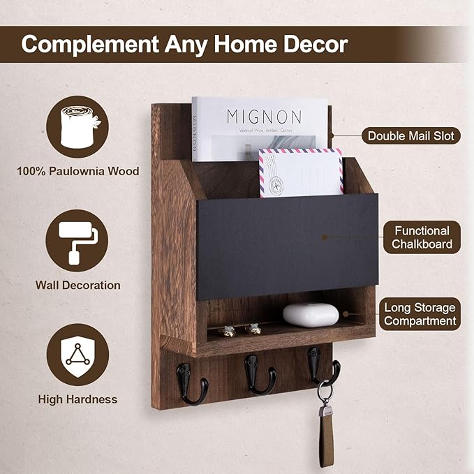 Key and Mail Holder for Wall, Key Holder with Chalkboard and Long Storage Box, Key Hanger with 3 Sturdy Hooks for Coat, Dog Leash, Entryway Mail Organizer (Brown)