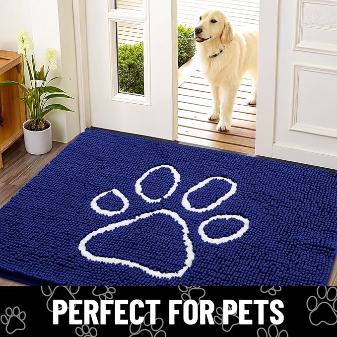 Smiry Dog Door Mat for Muddy Paws, Absorbent Dirt Trapper Non Slip Quick Dry Washable Chenille Mat for Mud Dogs, Entry Rug for Indoor and Outdoor (47x24 Inches, Navy Blue and White)