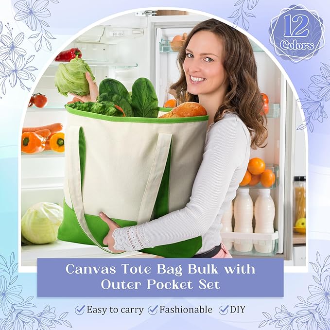 Sanwuta Canvas Tote Bags Bulk with Outer Pocket and Makeup Pouch 18'' Reusable Grocery Bags with Handles for Women Beach DIY