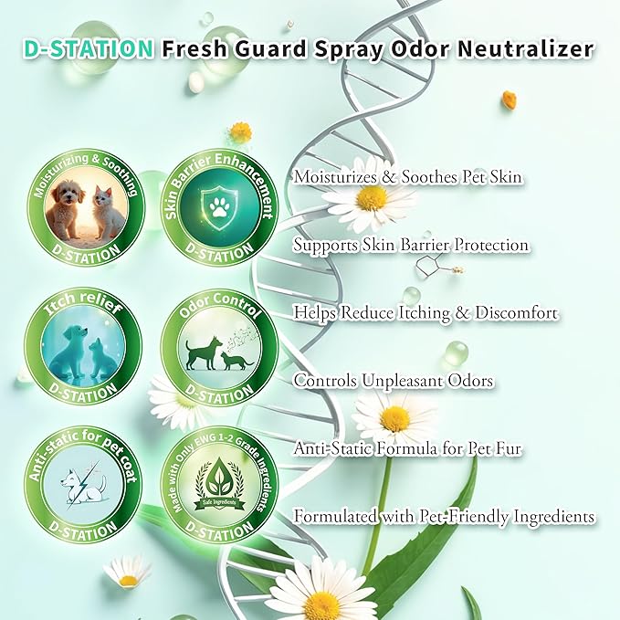 D-STATION PDRN Fresh Guard Spray Odor Neutralizer - Anti-Static, Deodorizing, Enhances Hydration, Itch Relief, Skin and Coat Nourishment, Low-Irritation, Suitable for Dogs and Cats. 6.76 Oz