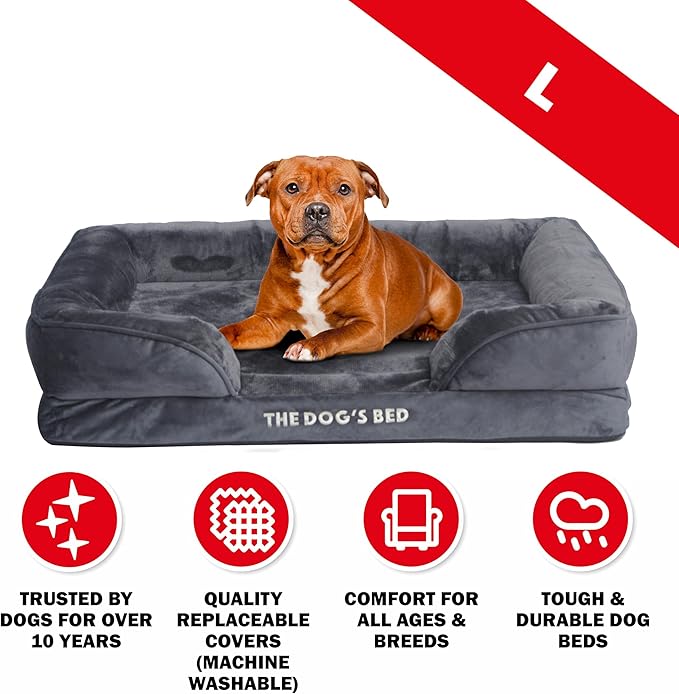 The Dog’s Bed, Orthopedic Standard Foam Waterproof Dog Bed with Standard Support, Large Grey Plush, Waterproof, Supportive Dog Bed with Replaceable Covers