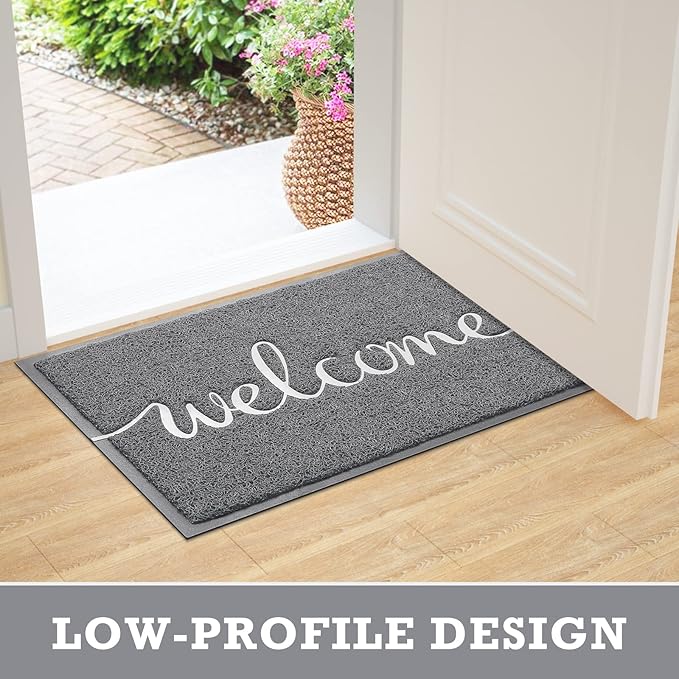 Grey Door Mat Welcome Mats Outdoor Indoor Non-Slip Doormat for Entryway Low-Profile Floor Mat for Yard, Garage, High Traffic Areas (30"x17.5", Grey)