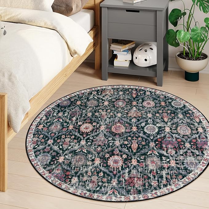 Lahome Moroccan Trellis Washable Round Rugs, Non-Slip Soft Round Rug 4ft Ultra-Thin, Small Vintage Circle Carpet for Entryway Kitchen Bedroom Nursery Bathroom Elise, Black/Multi
