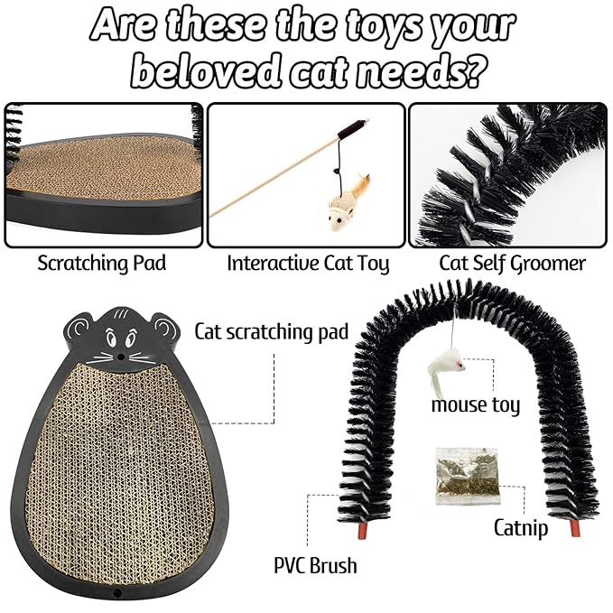 Fhiny Cat Arch Self Groomer, Cat Brush with Scratching Cardboard Hair Face Back Brush for Grooming with Toys Scratcher Massager Comb Station Interactive Toy for Indoor Kitten Cats Pets Cute