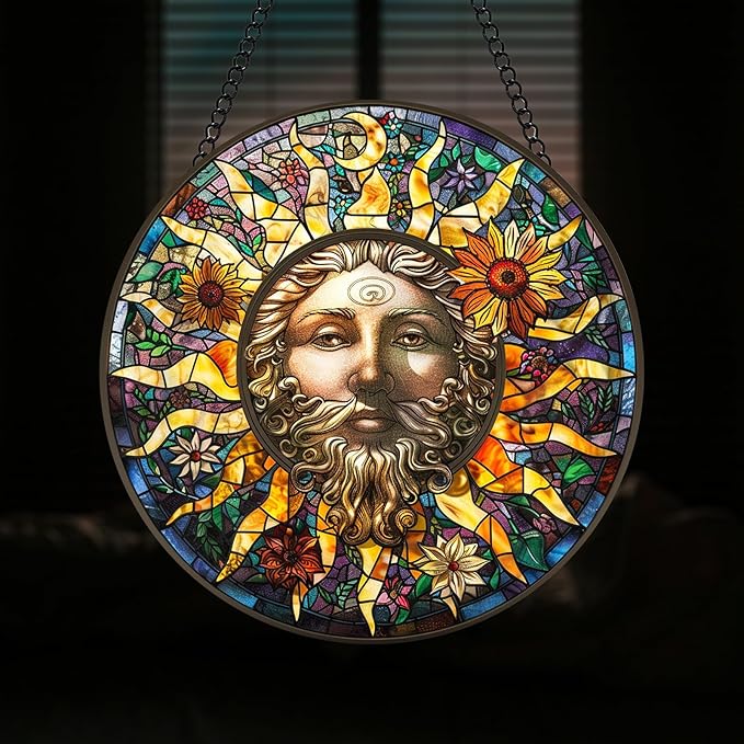 Moon Suncatcher 8 Inch Stained Glass Window Hanging Diamond Chain Hooks – Indoor/Outdoor Window Wall Art Home Décor -Gift for Women Men Valentine's Day Thanksgiving Ornaments Festival Gifts