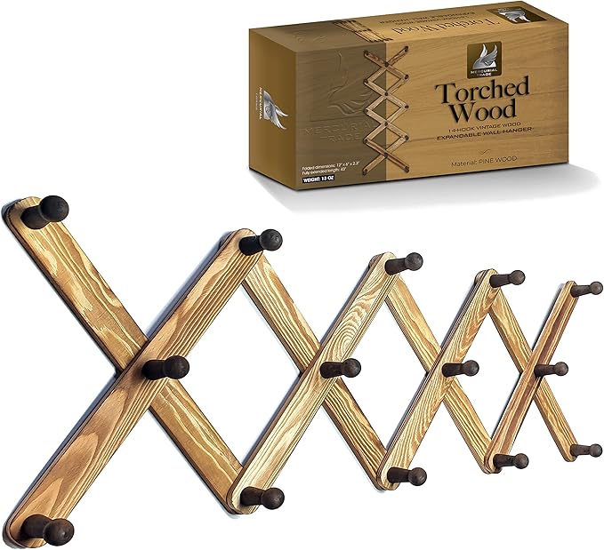 Expandable Wooden Coat Rack Hanger - Accordion Wall Hanger with Expanding Wall Pegs | Hand Made Vintage Wooden Hat Rack for Wall | Hang Coat, Jacket, Hat | Wall Rack – 14 Hook, Torched Wood
