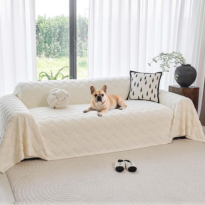 Sherpa Fleece Couch Cover for 3 Cushion Sofa, Beige, 71" x 150" - Pet Proof Sofa Covers Heavy Duty Scratch Resistant Pet Friendly Furniture Cover - Easy Install, Machine Washable