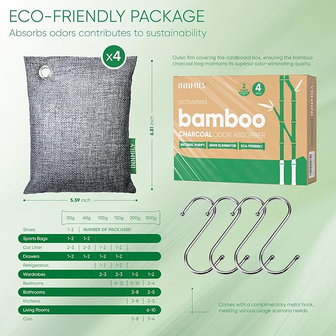 Activated Charcoal Odor Absorber, Odor Eliminator for Strong Odor,Bamboo Charcoal Air Purifying Bags for Home Car Closet Pet, Smoke Room Deodorizer (4 x 200g, Unscented)