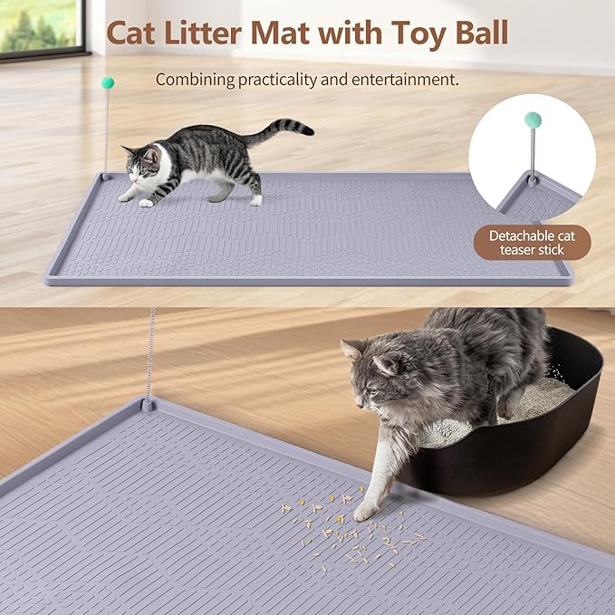 Bartuke Large Cat Litter Mat with Toy Ball, 34'' x 22'' Silicone Cat Litter Trapping Mat for Scatter Control, Soft on Kitty Paws, Easy to Clean (Light Grey)
