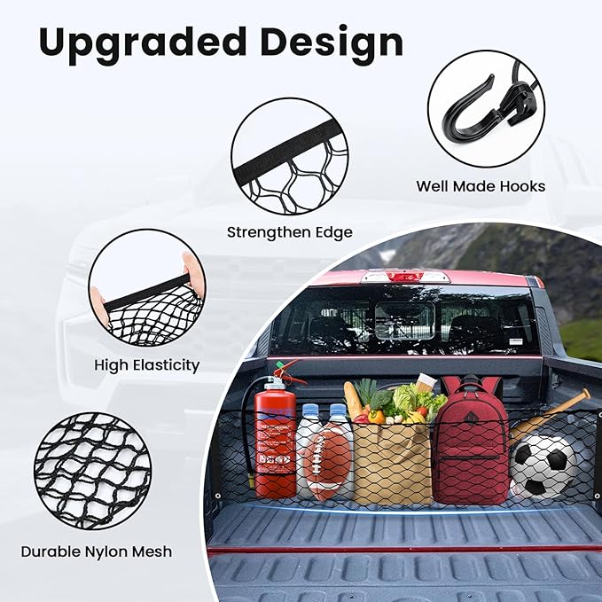 Trunk Cargo Net for 2022-2025 2026 Ford Maverick Accessories Envelope Style Mesh Trunk Net Organizer and Storage Stretchable Adjustable Elastic Nylon Rear Cargo Netting with Hooks