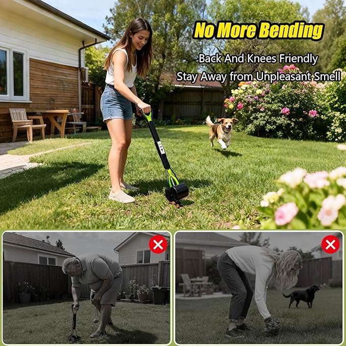 ShinyDew 32" Pooper Scooper for Large Small Dogs with 30 Dog Poop Bags & Dispenser Attachment, Extra Long Handle Heavy Duty Poop Scoop, Foldable Dog Poop Picker Upper for Yard