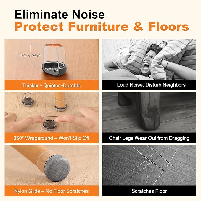 Chair Leg Floor Protectors for Hardwood Floors – Smooth Nylon Base Won’t Trap Cat or Dog Hair, Clear Silicone Caps No Scratch & Silent on Carpet & Tile (16 Pack, Fits 1-1/8" to 1-9/16")