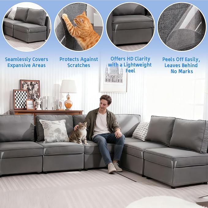 Anti Cat Scratch Furniture Protector: Thick Sticky Cat Proof Couch Cover 196.8" x 11.8" Clear Vinyl Dog Scratching Deterrent Tape for Door Sofa Wall Corner