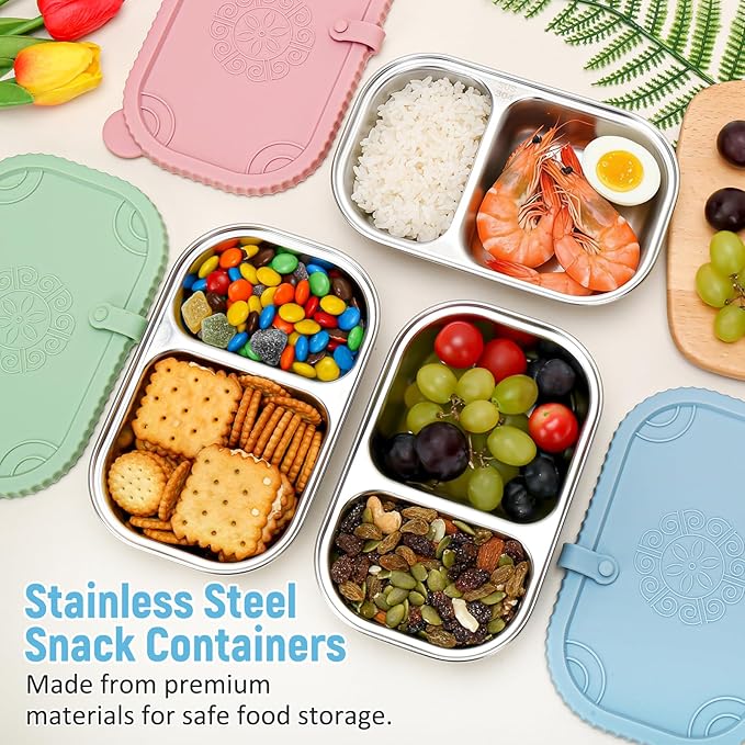 3 Pack Stainless Steel Snack Containers, 2 Compartment Snack Containers with Leakproof Silicone Lids,Divided Meal Prep Lunch Box Food Container for Travel, Outdoor, Camping.（15.84 OZ）