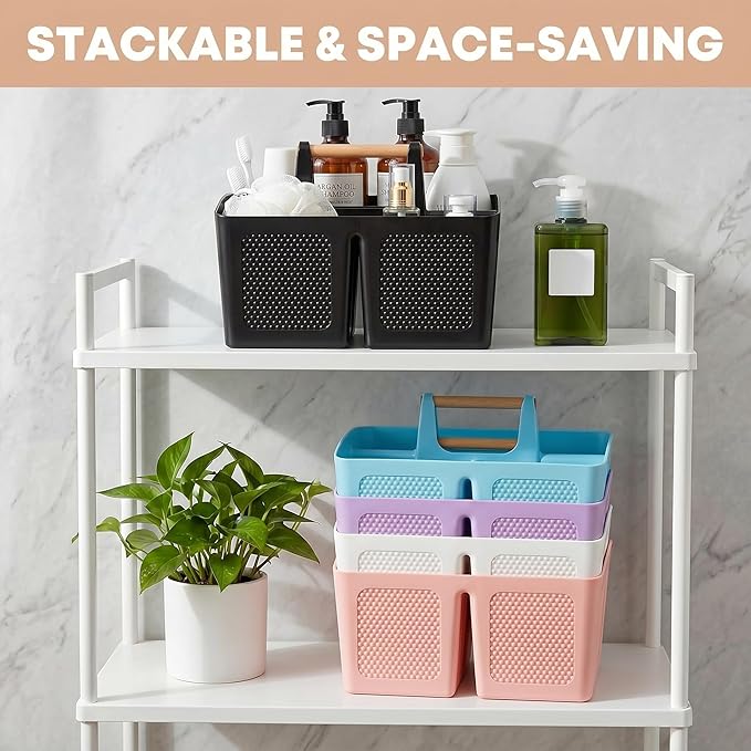 Haundry Plastic Shower Caddy with Wooden Handle, Portable 3-Compartment Bathroom Organizer Basket with Drainage Holes, Quick Dry Shower Basket for Dorm, College, Cleaning Supplies