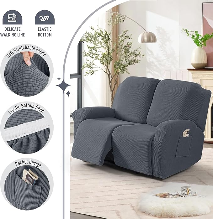 TAOCOCO Recliner Loveseat Slipcover, 6 Pieces Dual Recliner Sofa Covers for 2 Seat Dual Reclining Loveseat Couch, Stretch Soft Jacquard Pattern Furniture Protector with Elasticity (2XL, Grey)