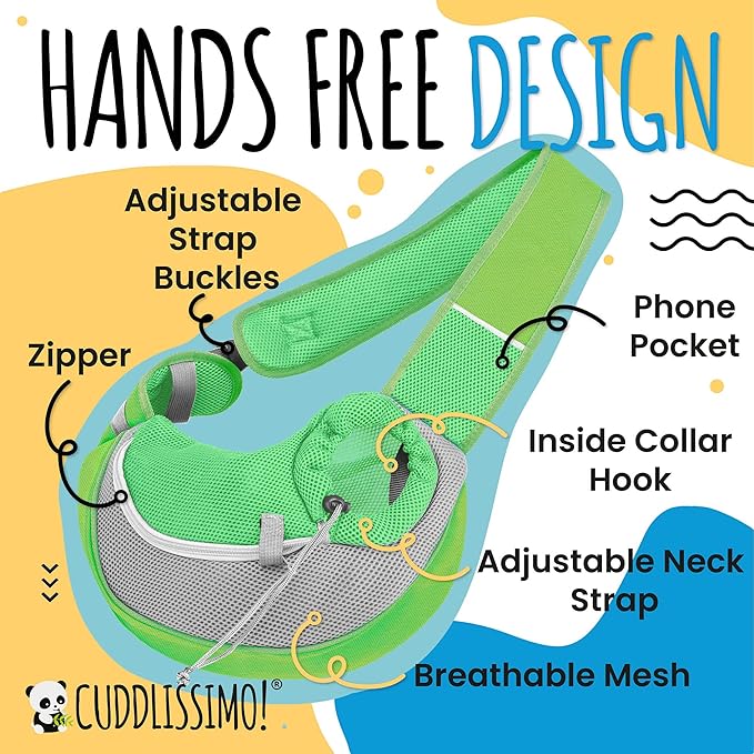 Cuddlissimo! Pet Sling Carrier - Small Dog Puppy Cat Carrying Bag Purse Pouch - for Pooch Doggy Doggie Yorkie Chihuahua Baby Papoose Bjorn - Hiking Travel Front Chest Body Holder Pack to Wear (Green)