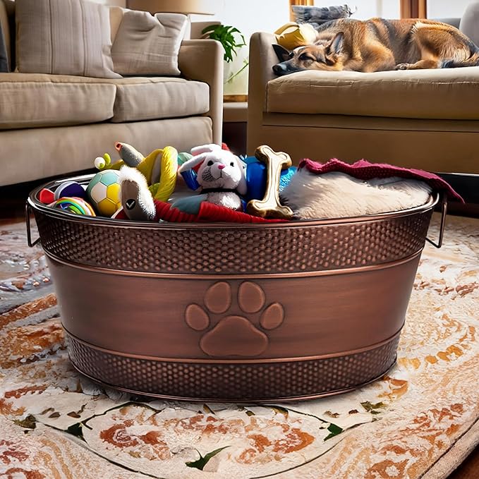 BREKX Indestructible Metal Dog Toy Bin - Copper Galvanized Storage Bin with Handles, Puppy Basket for Dog Storage, Blankets, & Leashes, Paw Pet Toy Box (25-Quart)