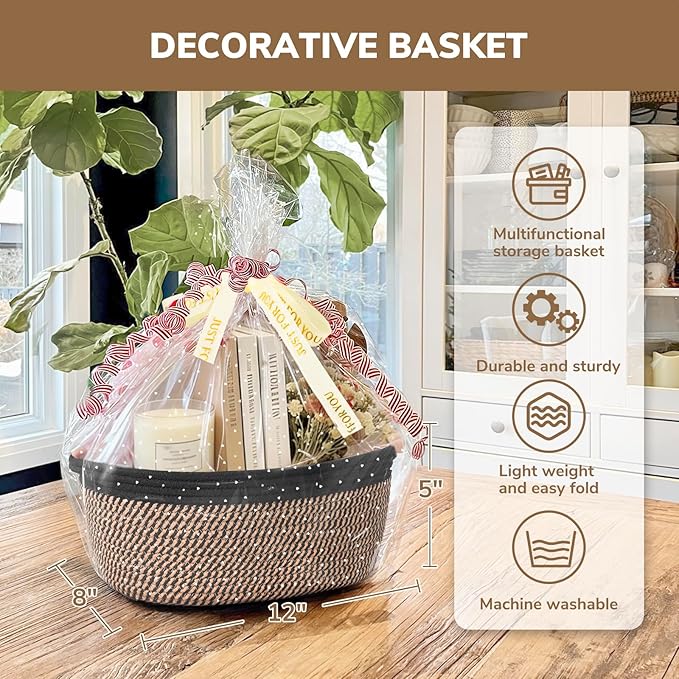 CHICVITA Small Woven Basket with Gift Bags & Ribbon Baskets for Gifts Empty, Rope Baskets for Organizing, Home Decoration for Kids, 12"x 8"x 5", Black & Jute