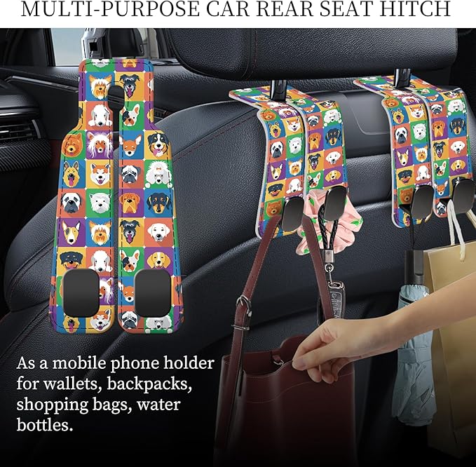 PU Leather Car Seat Hook, Storage Headrest Hanger, Cute Car Backseat Organizer, Car Hooks for Purses and Bags Colorful Dog Faces