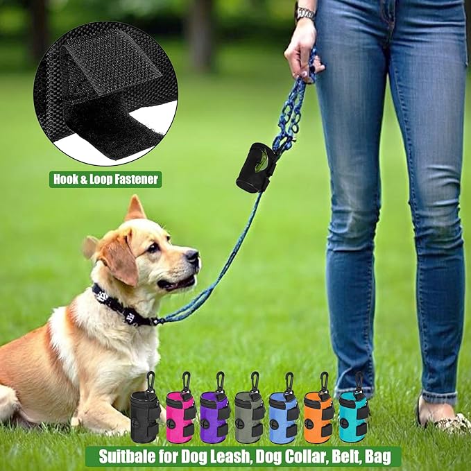 Dog Poop Bag Holder for Leash Attachment - Waste Bag Dispenser for Leash - Fits Any Dog Leash - Portable Set with Hand Free Holder Metal Carrier, Round Shape, Pink