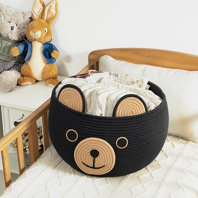 CherryNow Woven Rope Basket, Bear Baskets for Gifts Empty, Large Storage Basket for Living Room Nursery, Decorative Animal Baskets with Handles, Black, 15.7"D x 10.5"H