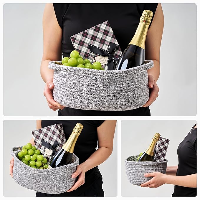 Small Woven Gift Basket Empty with Bag & Ribbon - Gifts for Mom, Baby Shower, Birthdays & Raffle - Cotton Rope Storage Basket for Dog Toys or Shelf - 12"x8"x5", Gray, 2 Packs