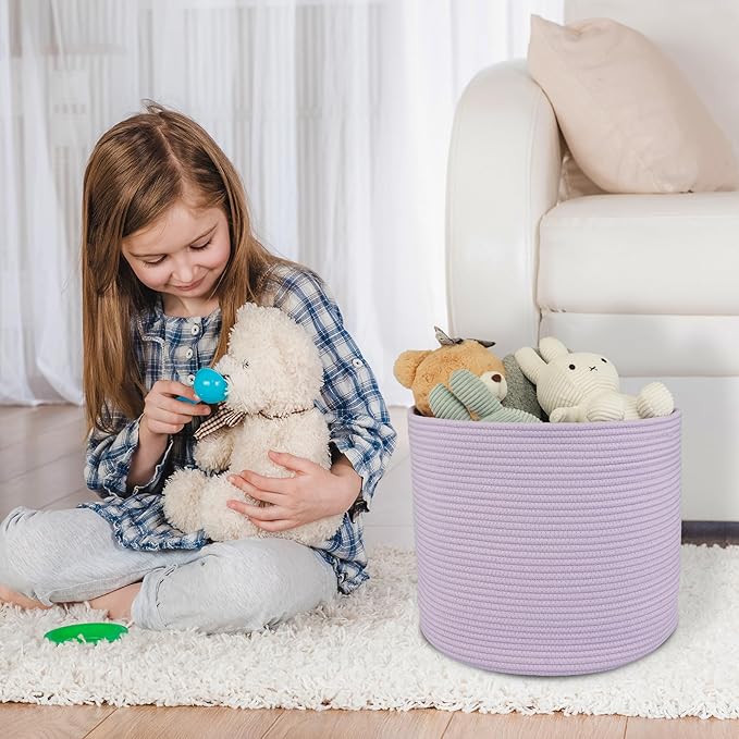 XUANGUO Cotton Rope Basket For Girls Boys Kids 16”X14” Baby Laundry Basket Nursery Bin Round Woven Baskets Organizer For Storage Toys Blankets Shoes Clothes purple