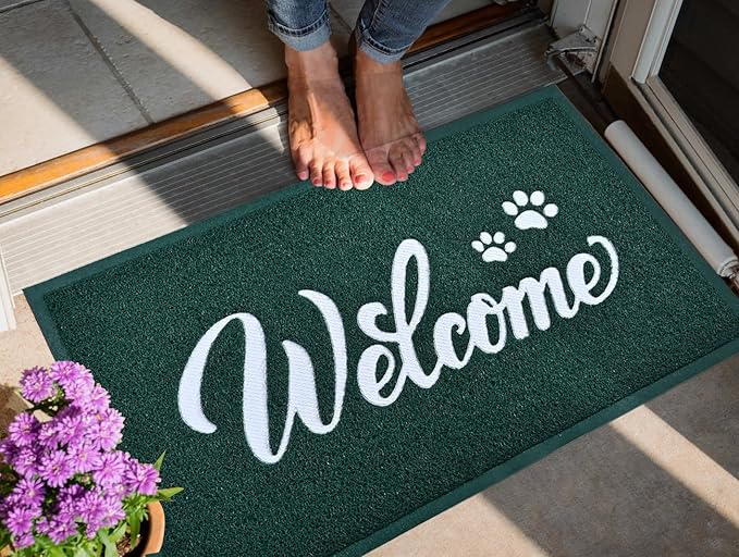 T.HENV Welcome Mat Outdoor, 2' x 3' (Rectangular), Green-White, Waterproof, Quick Drying, Low Profile, Heavy Duty, Non Slip, Fade Resistant