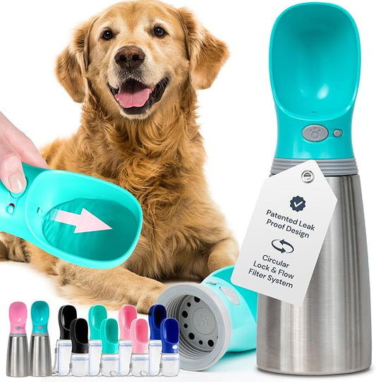 MalsiPree Leak Proof Stainless Steel Portable Dog Water Bottle - 24 oz, Blue Water Dispenser for Pets - Outdoor Dog Travel Water Bottle - for Trail Hiking, Park Visit & Beach Days