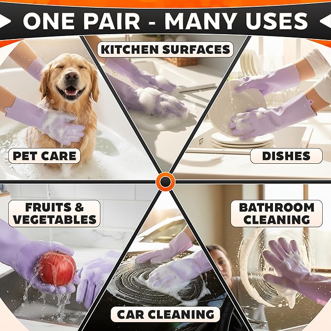 RZleticc Silicone Dish Gloves with Scrubbers – Thick Tear-Resistant Cat & Dog Washing Gloves for Bathing – Multi-Purpose Use