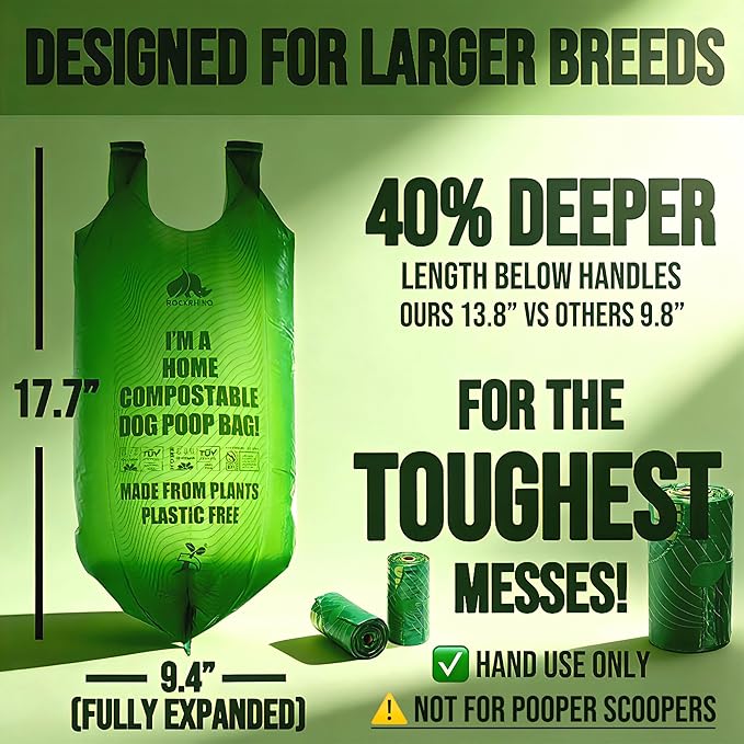 Ultra Thick & Deep RockRhino Dog Poop Bags for Large & XL Breeds | 4-Layer Interlocked Bottom | 100% Home Compostable, 0% Plastic | Vanilla-Scented | 60 Bags, Easy Open Tie Handles, Not for Scooper