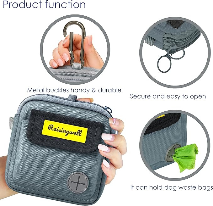 Raisingwell Dog Treat Pouch for Pet Walking and Training with Clicker Poop Bags and Three Bags Design Small Fanny Zipper Pack Holder for Puppy Snack Dispenser Kit for Leash and Outdoor Use (Gray)