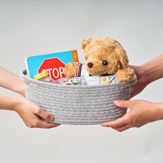 Small Woven Gift Basket Empty with Bag & Ribbon - Gifts for Mom, Baby Shower, Birthdays & Raffle - Cotton Rope Storage Basket for Dog Toys or Shelf - 12"x8"x5", Gray