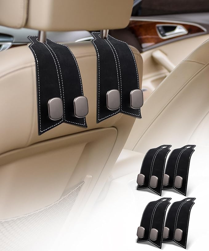 Headrest Hooks for Car, 4 Pack Purse Hook for Car 100% Metal & Premium Leather 2025 Latest, Auto Organization Accessories for Bags, Purses, Phones etc (Black)