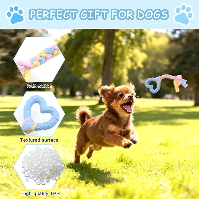 Puppy Teething Toy Set, 4 PCS Soft Rubber Dog Chew Toys with Cotton Ropes Puppy Chew Toys for Oral Teeth Soothe Itching (3 Colors)