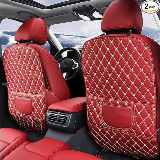 Leatherette Car Seat Protector - 2 Pack Large Car Kick Mats with Storage Pockets Organizer Seat Back Cover Against Dirty Shoes & Scratches, Universal Fit for Most Vehicles, Red